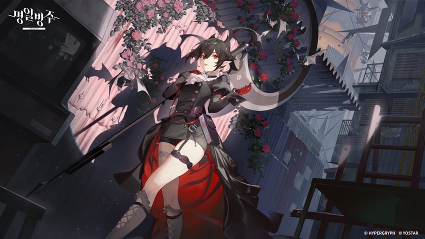 明日方舟、隐现 (明日方舟) 1名女孩 阿斯科特领巾 黑色连衣裙 黑发 黑色燕尾服
