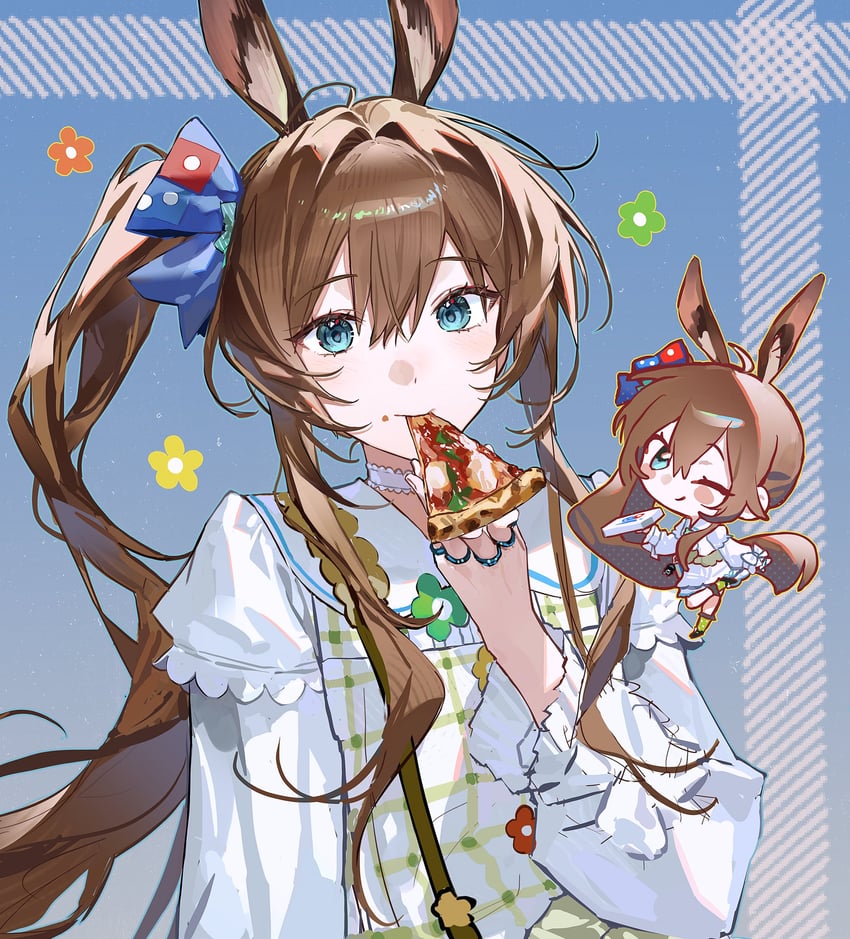 明日方舟、达美乐比萨、阿米娅 (明日方舟) 1名女孩 兽耳 蓝色背景 蓝眼 脸红