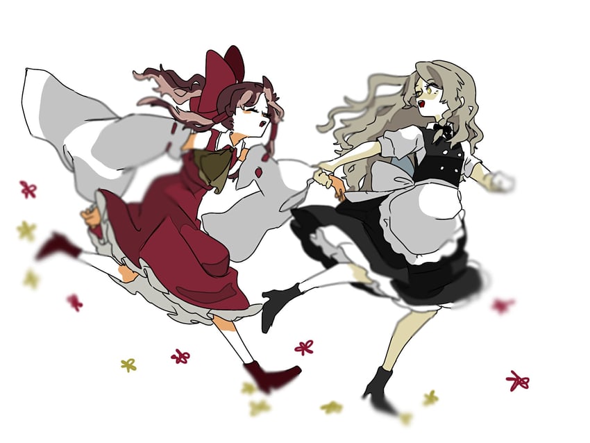东方Project、博丽灵梦、雾雨魔理沙 2名女孩 围裙 阿斯科特领巾 黑色靴子 黑色裙子