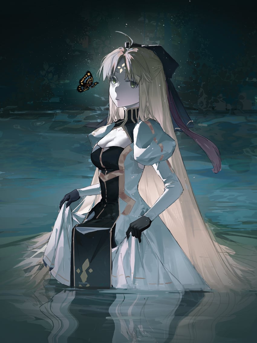 Fate/Grand Order、Fate系列、阿尔托莉雅·卡斯特 (Fate) 1名女孩 呆毛 黑色手套 蓝色蝴蝶结 蝴蝶结