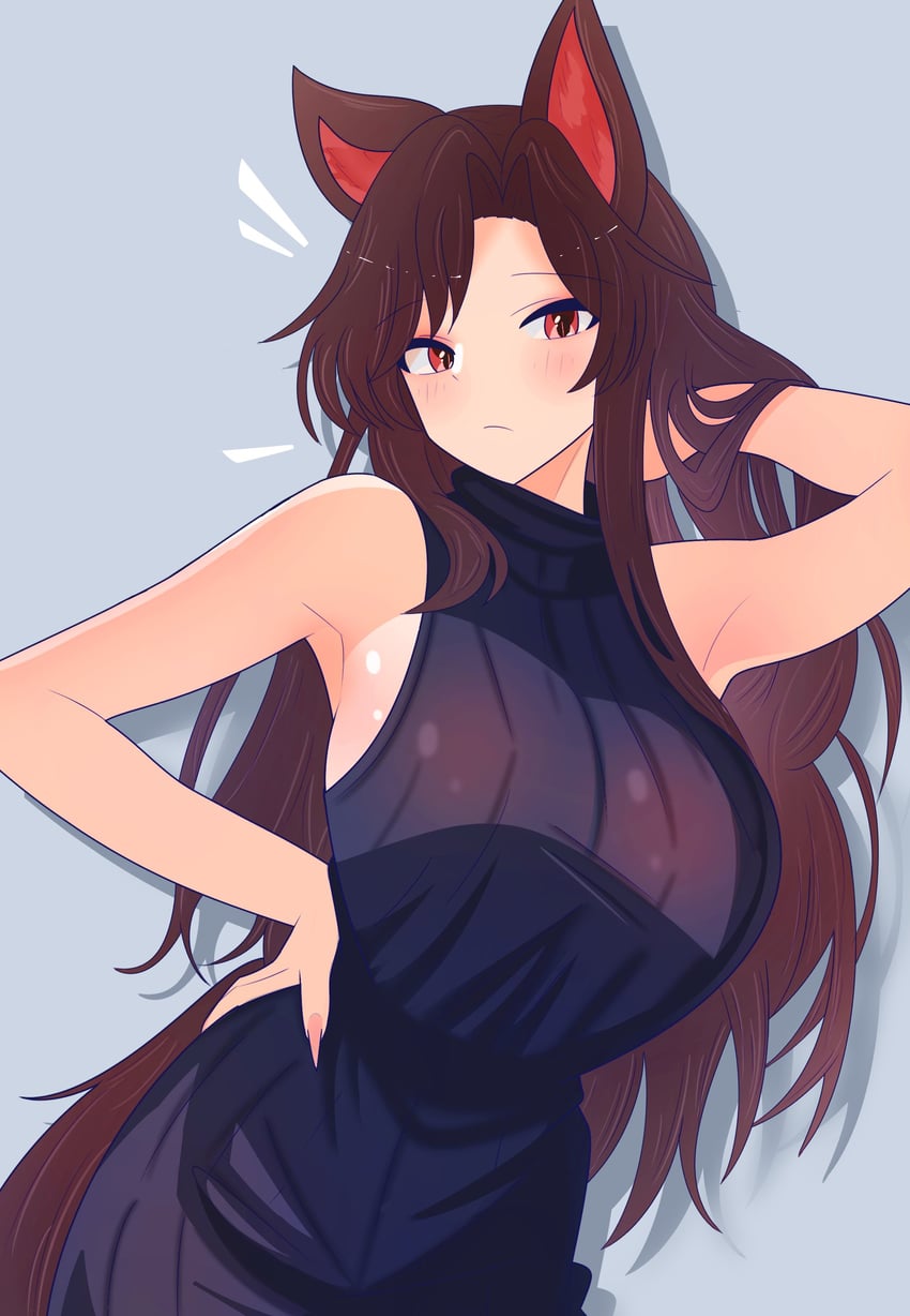 东方Project、今泉影狼 1名女孩 兽耳 黑色毛衣 脸红 乳房