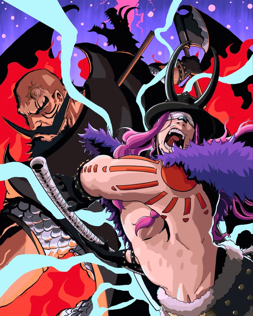 海贼王、harald (one piece)、洛基 (海贼王) 斧头 秃头 绷带 缠眼绷带 辫子