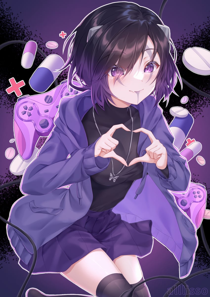 原创 1名女孩 黑发 黑衬衫 黑色过膝袜 乳房