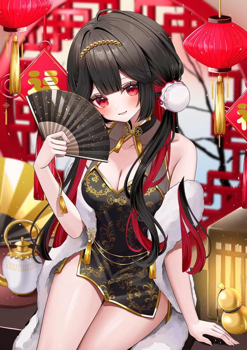 原创 1名女孩 露肩 黑色连衣裙 黑发 脸红
