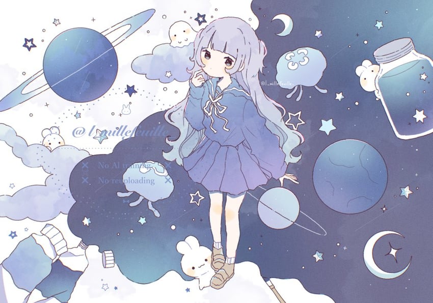 原创 1名女孩 蓝发 蓝色水手领 蓝色水手服 蓝色衬衫