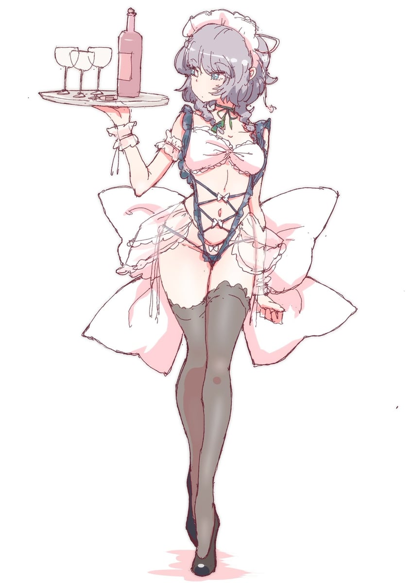 东方Project、十六夜咲夜 1名女孩 后背蝴蝶结 黑鞋 黑色过膝袜 蓝眼