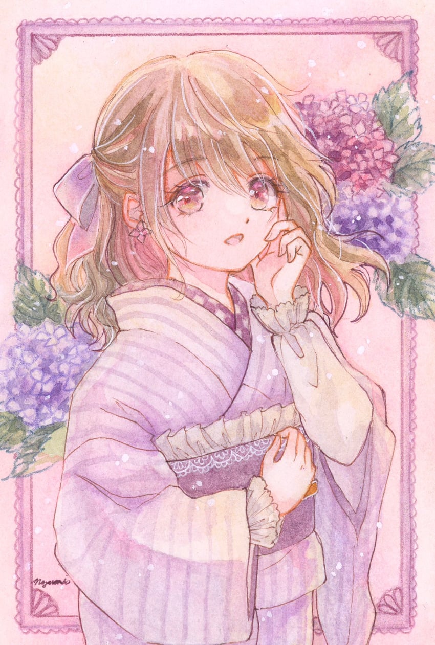 原创 1名女孩 作者名 蝴蝶结 棕发 耳边花