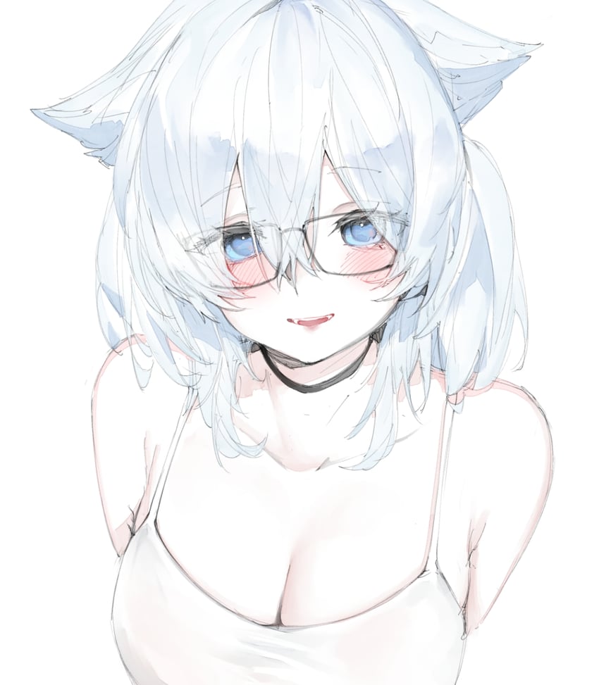 原创 1名女孩 兽耳 露肩 黑框眼镜 黑色项圈