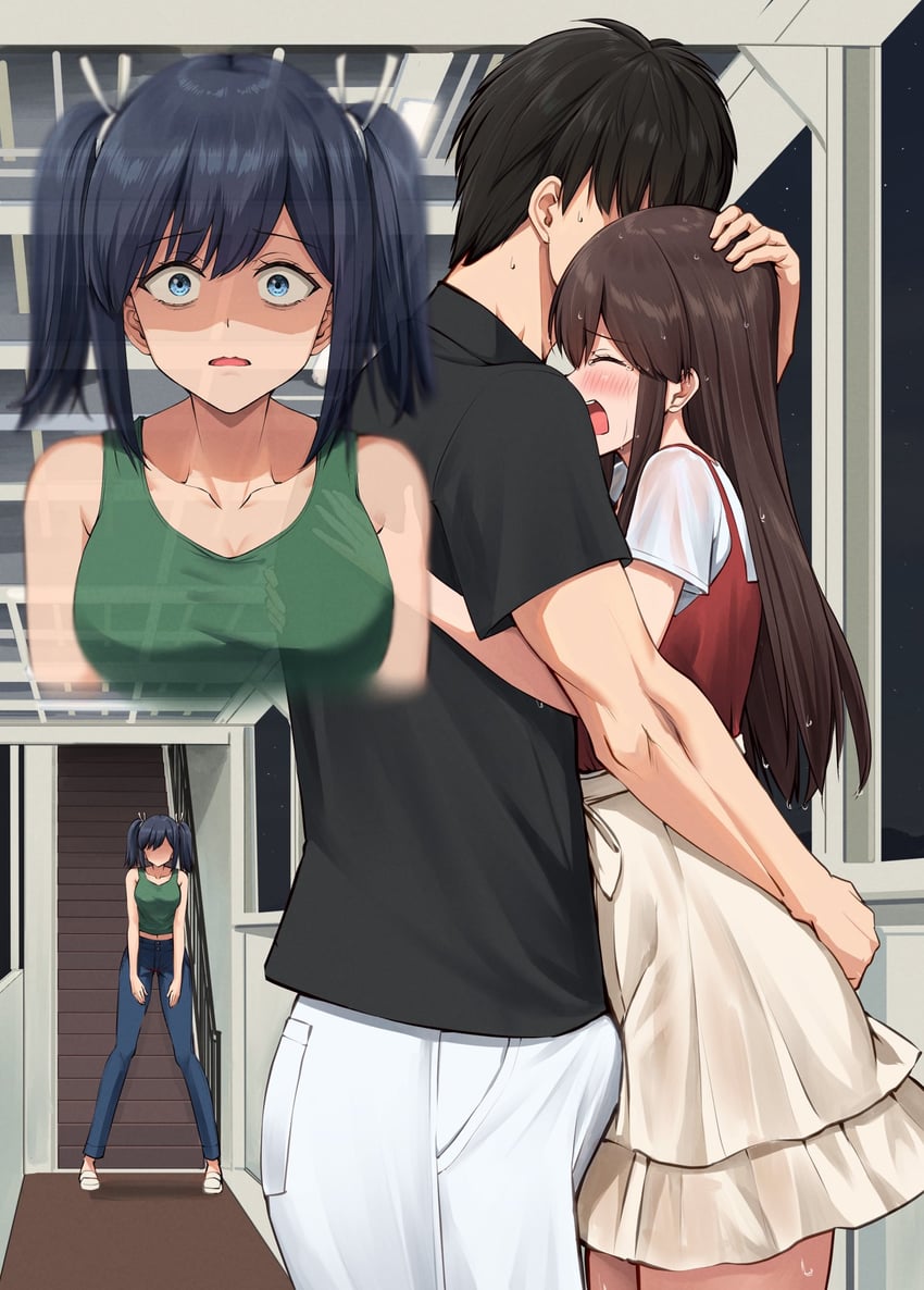 舰队Collection、提督 (舰娘)、赤城 (舰娘) 1名男孩 2名女孩 黑衬衫 蓝色裤子 乳房