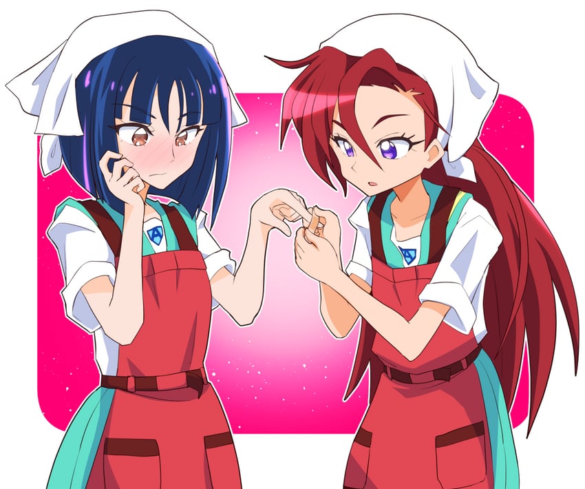 光之美少女、热带妆容！光之美少女、白鸟百合子 2名女孩 青空中学校制服 贴创可贴 围裙 水蓝色水手领