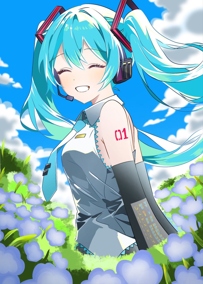 VOCALOID、初音未来 1名女孩 微笑 水色发 水蓝色领带 水蓝色饰边