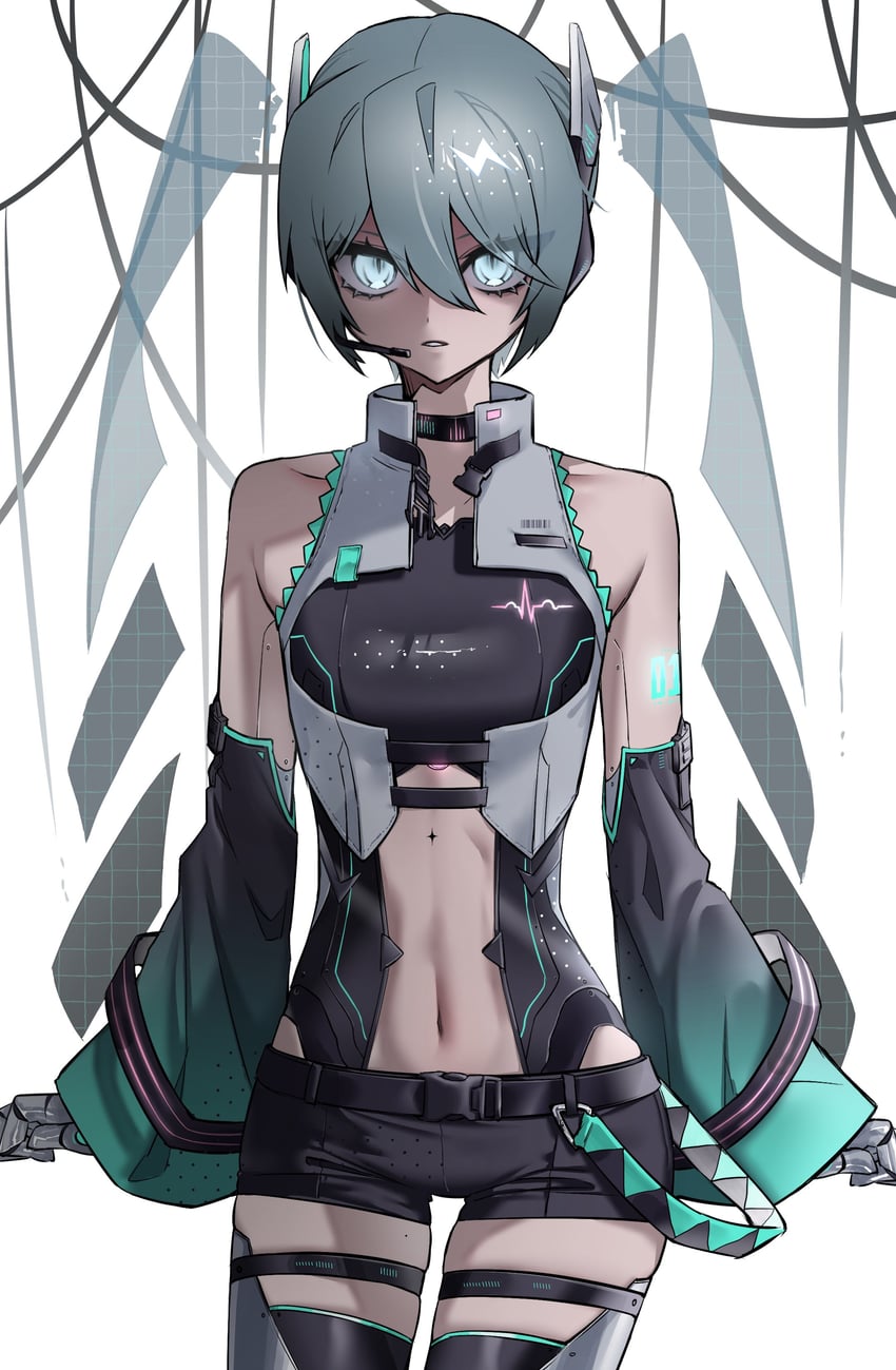 VOCALOID、初音未来 1名女孩 水色瞳 水色发 露肩 腰带