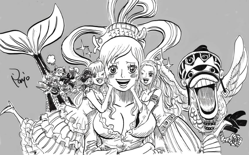 海贼王、bian (one piece)、kabu (one piece) 2个男孩 5名女孩 鸟 脸红 乳房