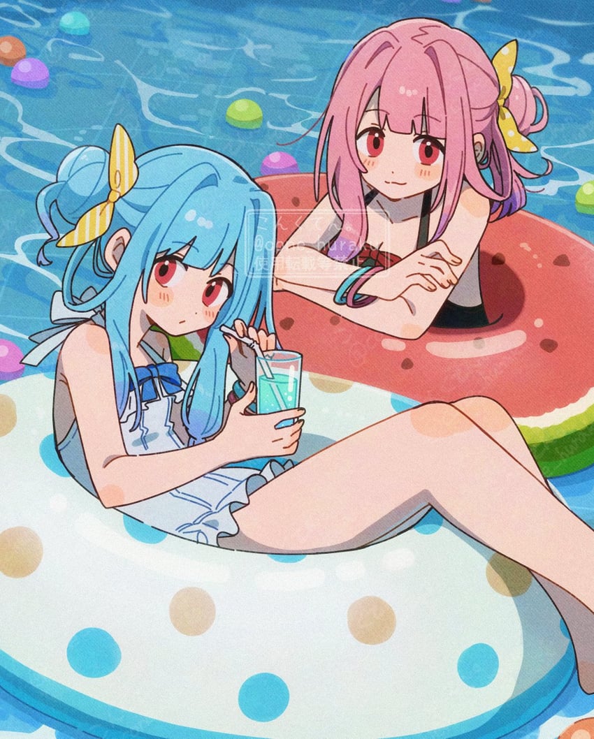 VOICEROID、琴叶茜、琴叶葵 2名女孩 猫脸笑 黑色连体泳衣 蓝发 蓝色连体泳衣
