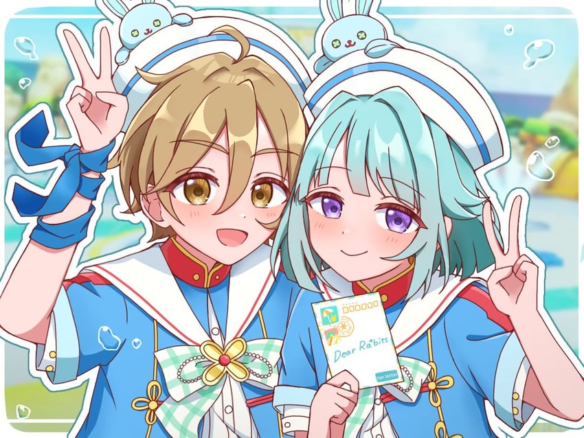 偶像梦幻祭、真白友也、紫之创 2个男孩 :D 举手 蓝发 蓝色夹克