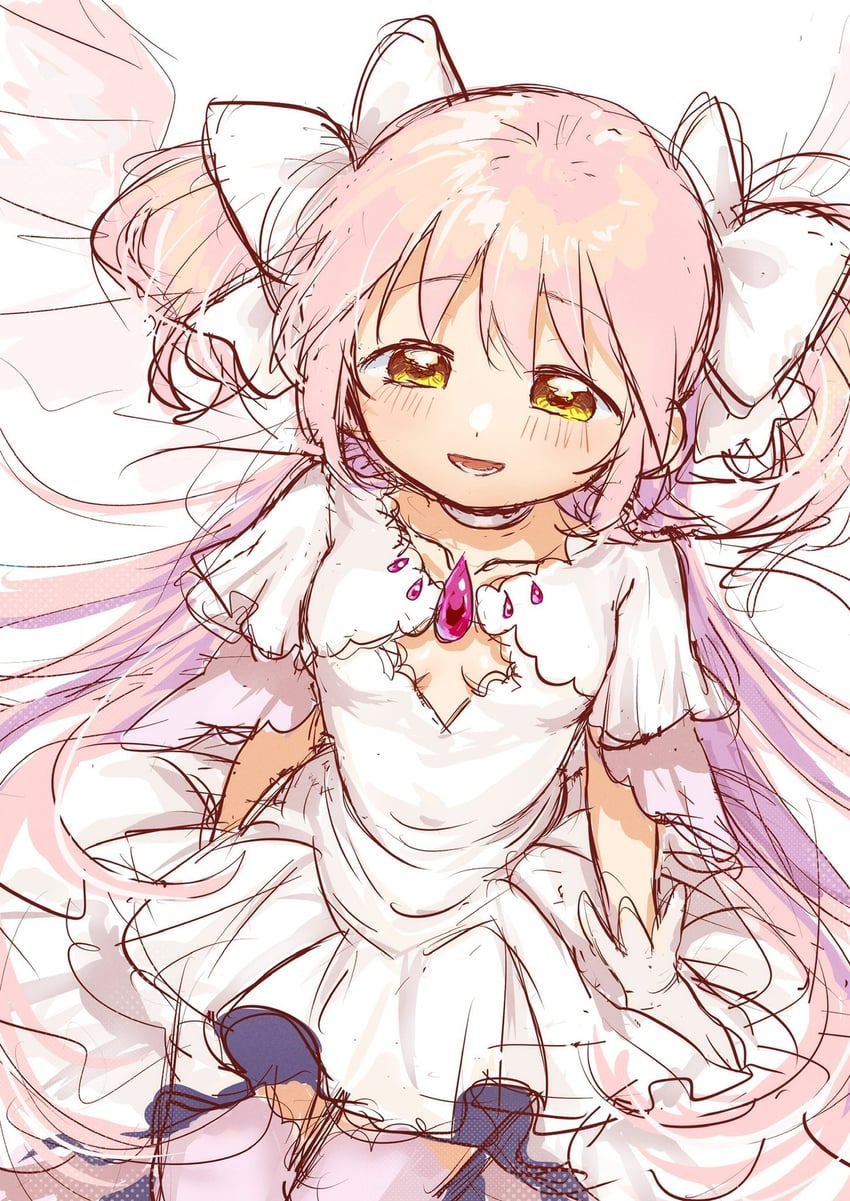 魔法少女小圆、魔法少女小圆、鹿目圆 1名女孩 脸红 连衣裙 手套 长发