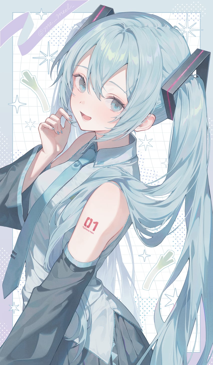VOCALOID、初音未来 1名女孩 水色瞳 水色发 水蓝色指甲 水蓝色领带