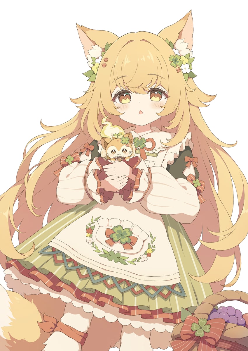 原创 1名女孩 兽耳毛 兽耳 围裙 篮子