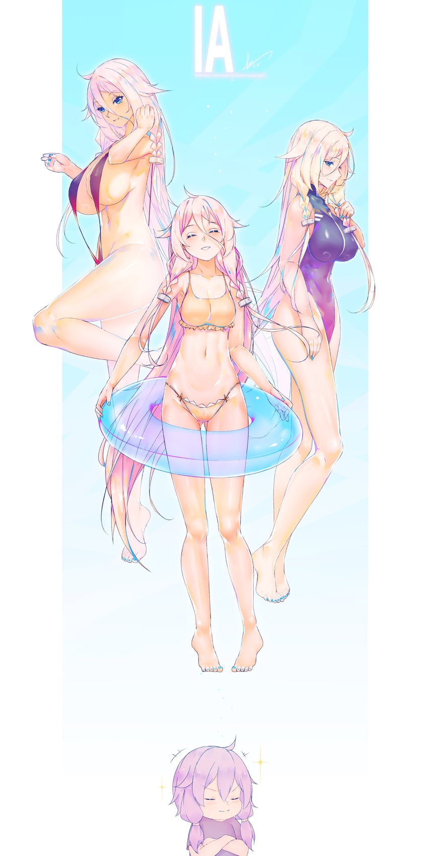 CeVIO、VOCALOID、IA 2名女孩 比基尼 黑色弹弓泳衣 蓝色背景 蓝色指甲