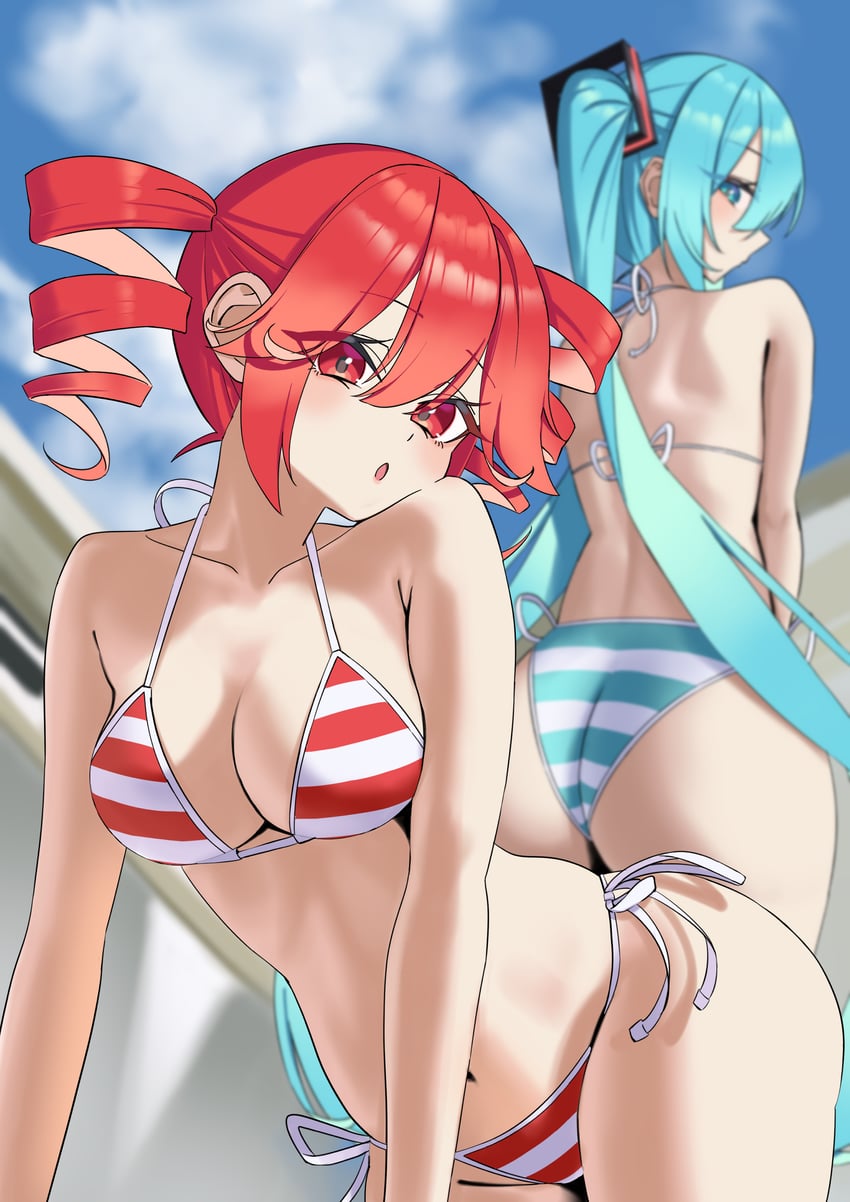 UTAU、VOCALOID、初音未来 2名女孩 水色瞳 水色发 露肩 比基尼