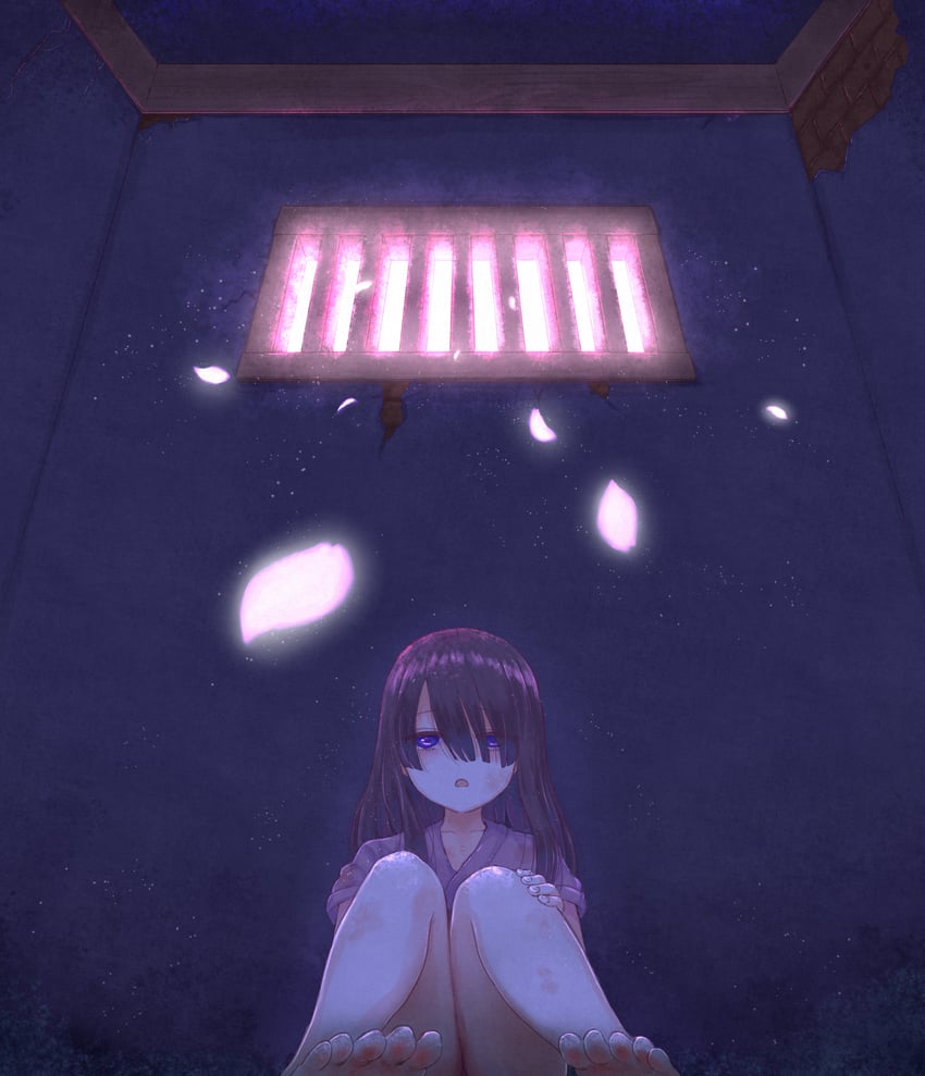 原创 1名女孩 赤脚 黑发 樱花 光影粒子