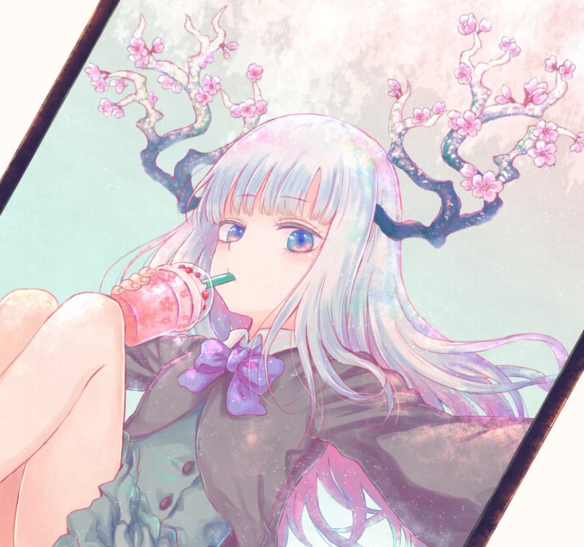 原创 1名女孩 鹿角 蓝眼 樱花 连衣裙