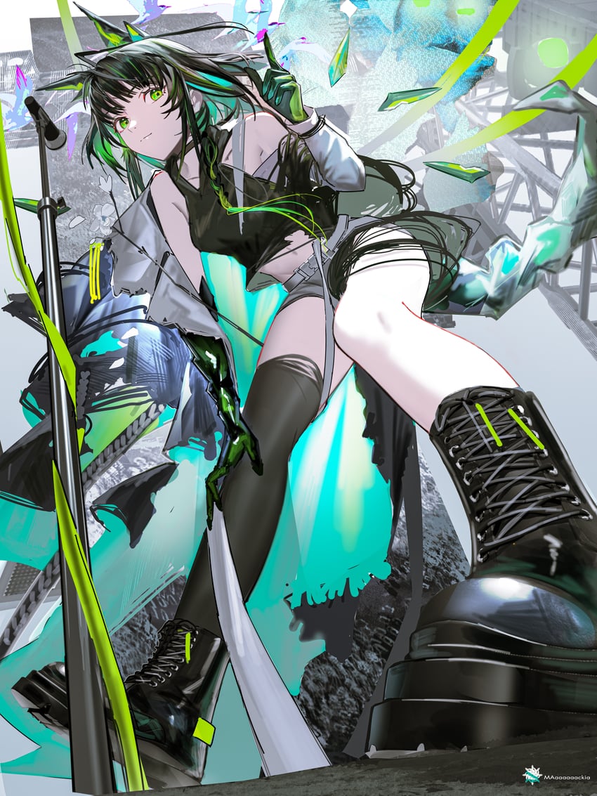 音律联觉、明日方舟、Mon3tr (明日方舟) 1名女孩 水色发 弯腰 黑色靴子 黑发