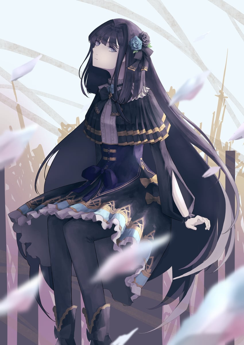 原创 1名女孩 黑色蝴蝶结 黑色蝶形领结 黑色小披肩 黑色连衣裙