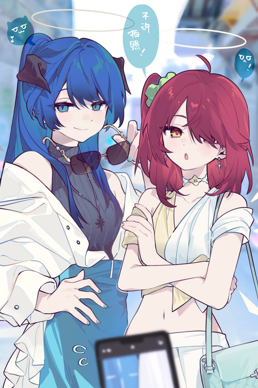 明日方舟、能天使 (明日方舟)、莫斯提马 (明日方舟) 2名女孩 替换服装 包 露肩 黑角