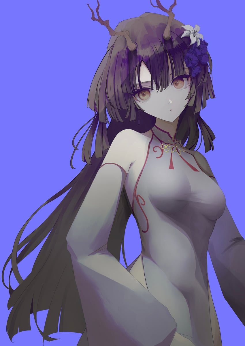 原创 1名女孩 鹿角 黑发 蓝色背景 乳房