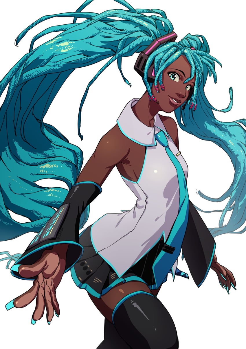 VOCALOID、自由形态初音未来、初音未来 1名女孩 异色皮肤 露肩 黑色裙子 黑色袖子
