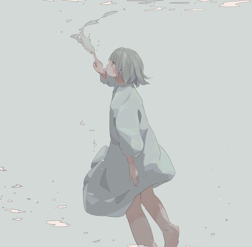 原创 1名女孩 手臂放在侧边 举手 赤脚 蓝色背景