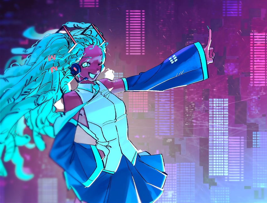 VOCALOID、自由形态初音未来、初音未来 1名女孩 异色皮肤 水色瞳 水色发 水蓝色领带