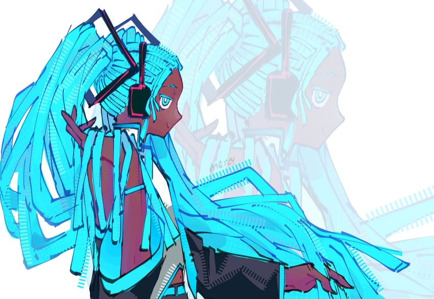 VOCALOID、自由形态初音未来、初音未来 1名女孩 异色皮肤 露肩 黑色袖子 蓝眼