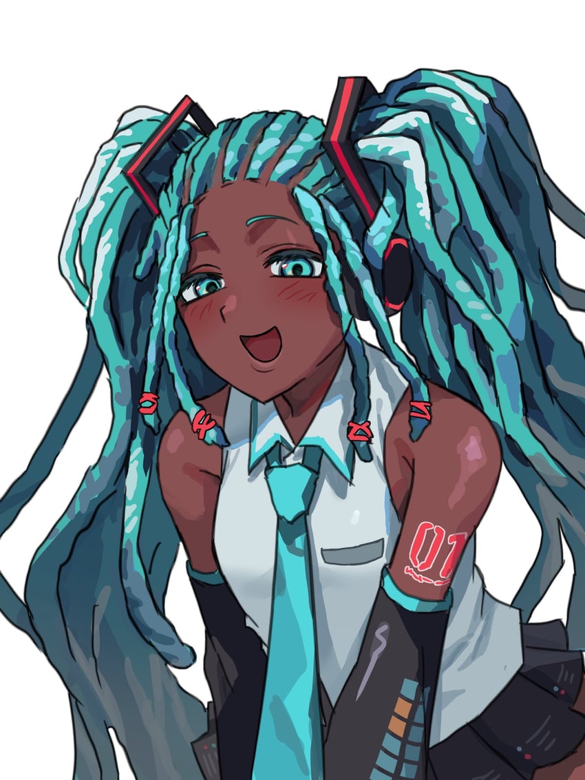 VOCALOID、自由形态初音未来、初音未来 1名女孩 异色皮肤 水色瞳 水色发 水蓝色领带