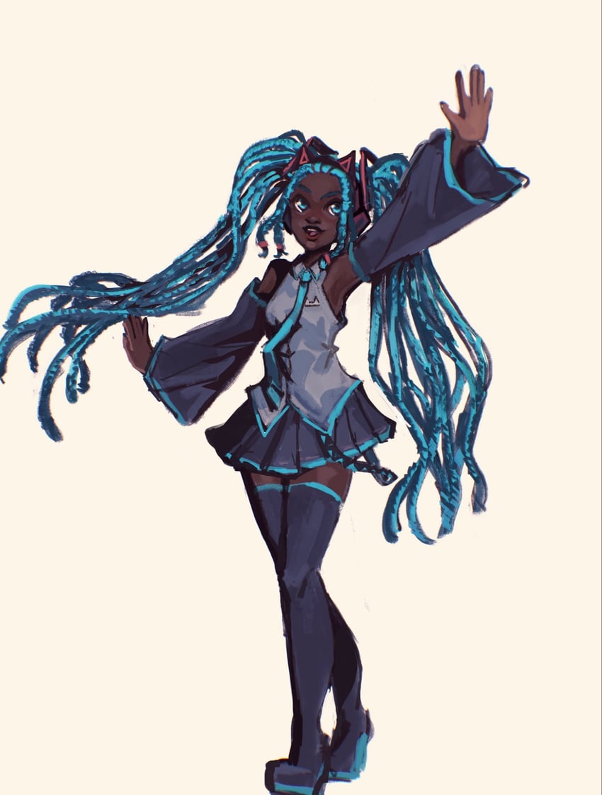 VOCALOID、自由形态初音未来、初音未来 1名女孩 异色皮肤 兽耳耳机 兽耳 举手