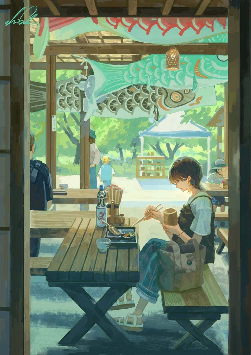 原创 2名女孩 3个男孩 包 黑色马甲 蓝色裤子