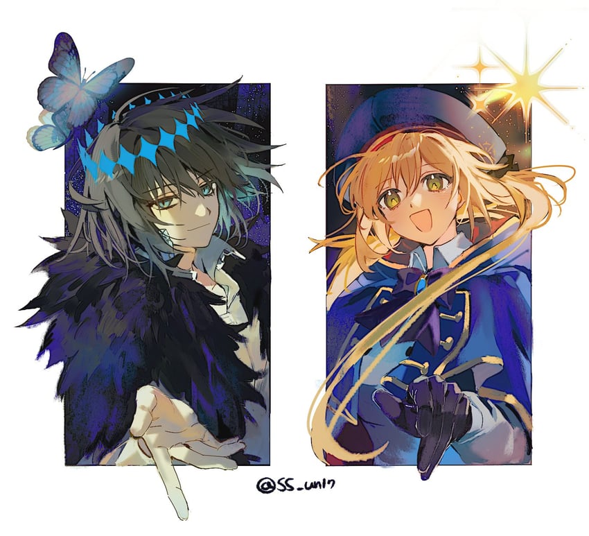 Fate/Grand Order、Fate系列、阿尔托莉雅·卡斯特 (Fate) 1名男孩 1名女孩 贝雷帽 黑色蝴蝶结 黑色披肩