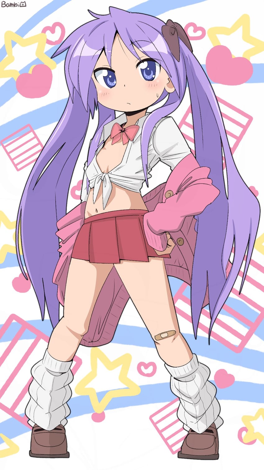 幸运星、柊镜 1名女孩 创可贴 脸红 蝴蝶结 棕色鞋子