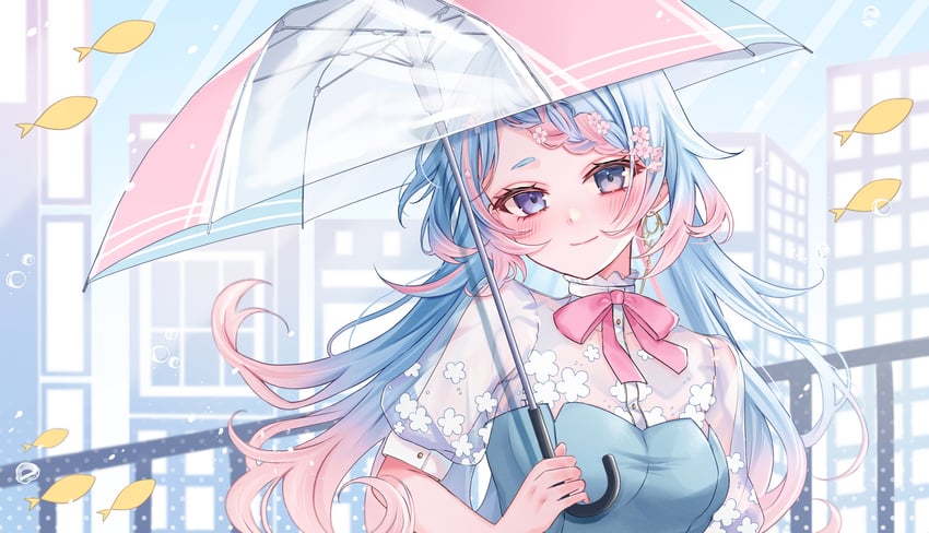 原创 1名女孩 蓝色背景 蓝色连衣裙 脸红 蝴蝶结