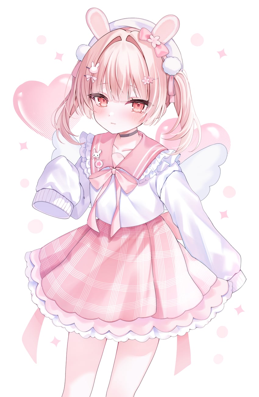 原创 1名女孩 天使翅膀 兽耳 徽章 黑色项圈