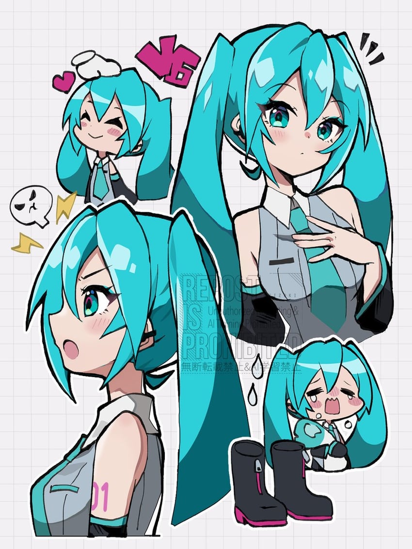 VOCALOID、初音未来、初音未来 (Vocaloid6) 1名女孩 水蓝色眼影 水蓝色领带 水蓝色饰边 露肩