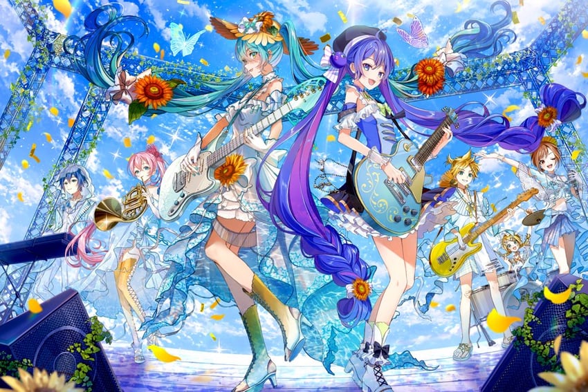 魔法未来(Vocaloid)、VOCALOID、初音未来 2个男孩 5名女孩 呆毛 水色瞳 水色发