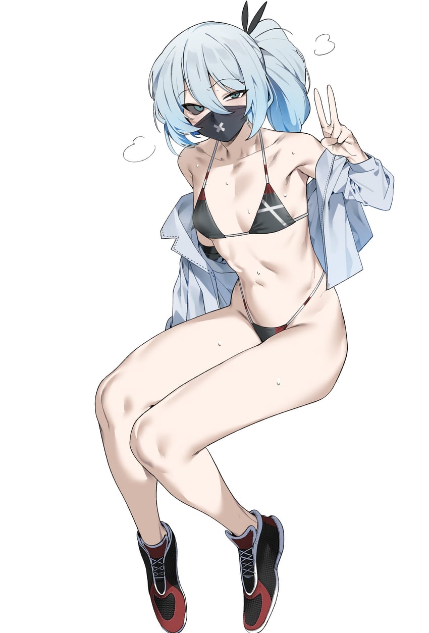 二次元插画 1名女孩 比基尼 黑色比基尼 黑面具 黑色巩膜
