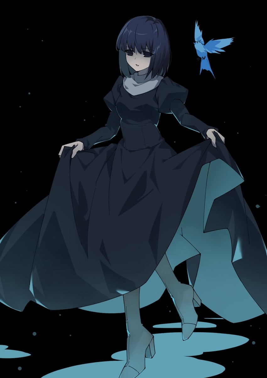 魔法使之夜、久远寺有珠、迷路的罗宾轮舞曲 1名女孩 黑色背景 黑色连衣裙 黑瞳 黑发