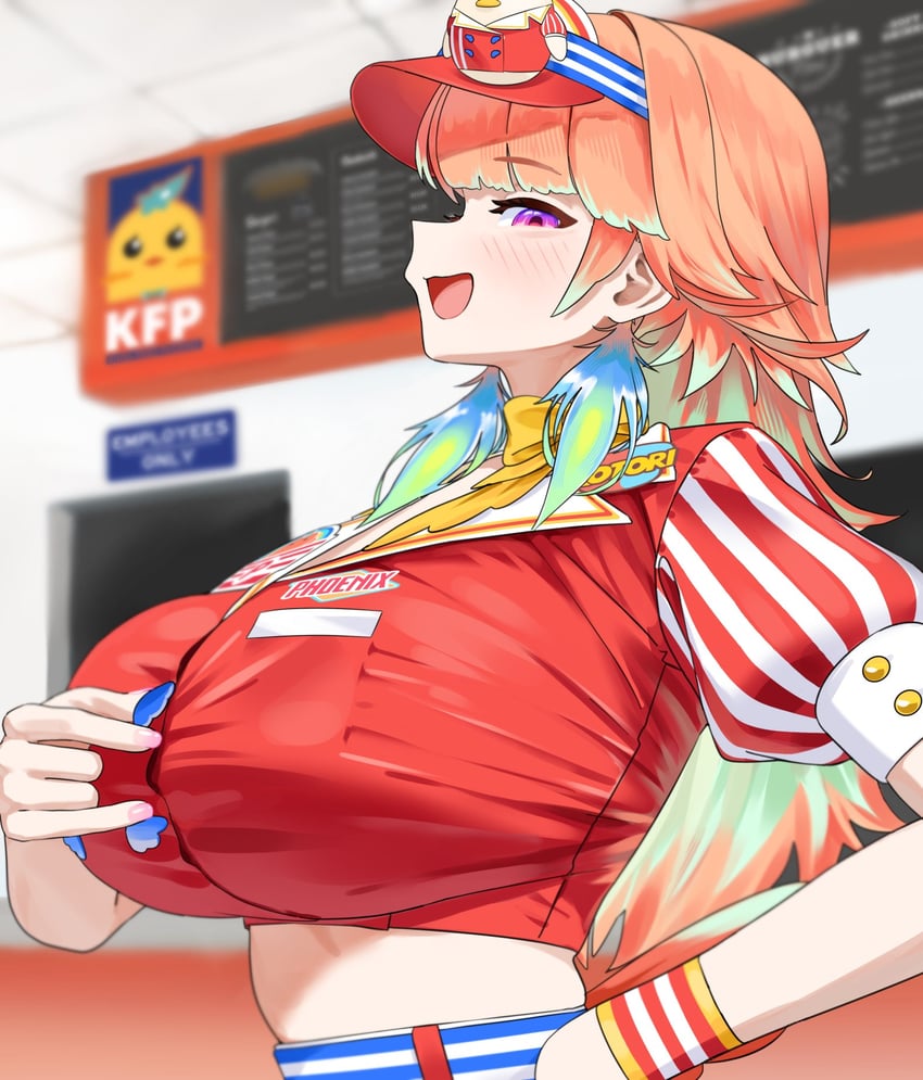 Hololive、Hololive英语、KFP员工 (小鸟游琪亚拉) 1名女孩 替换服装 乳房 露脐短衫 耳环