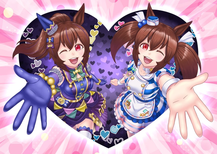 赛马娘、菱曙 (时髦美味) (赛马娘)、菱曙 (Magic Night Garland) (赛马娘) 2名女孩 替代乳量 (变小) 兽耳 蓝色手套 蝴蝶结