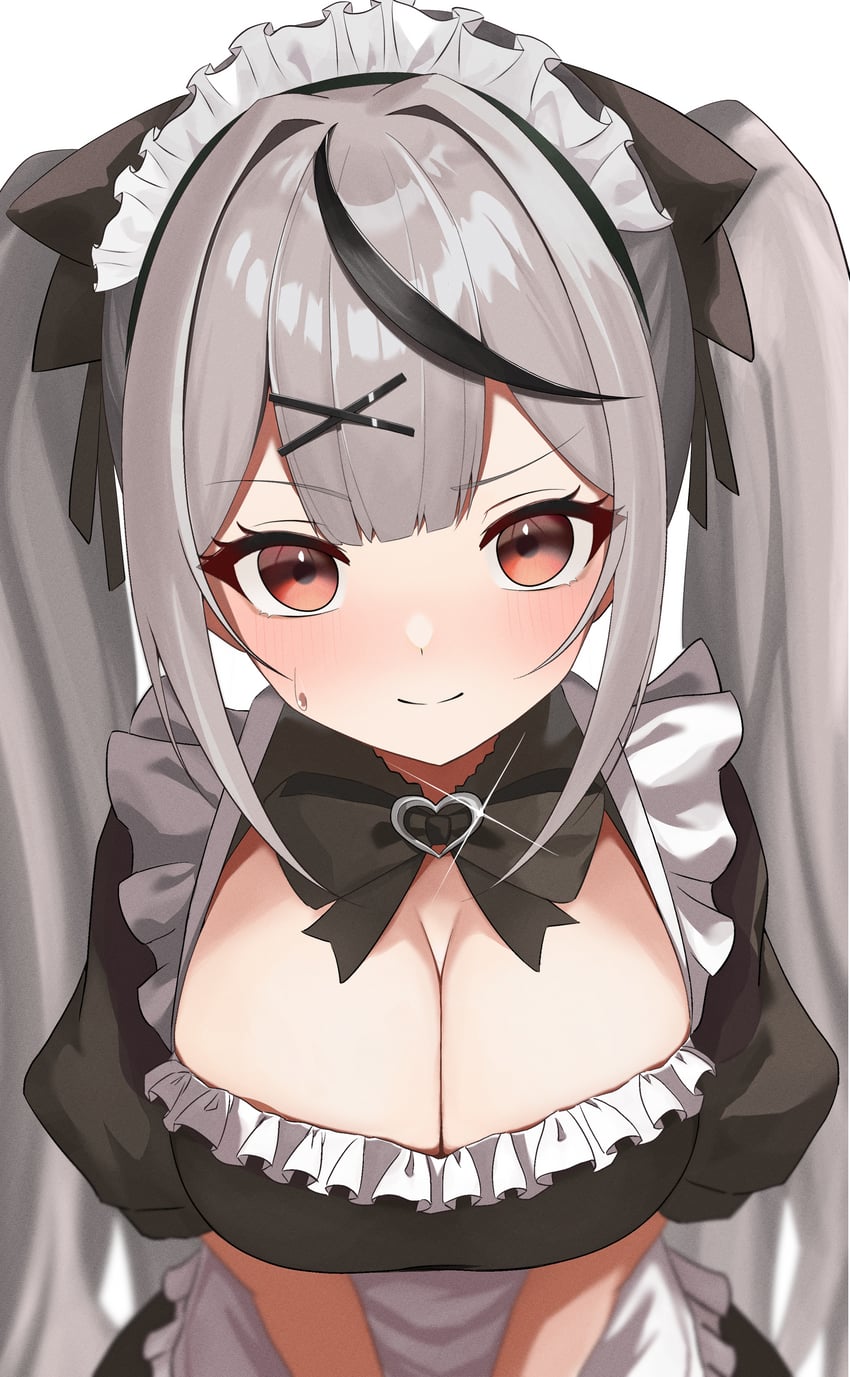Hololive、沙花叉克萝耶 1名女孩 围裙 黑色连衣裙 黑发 脸红