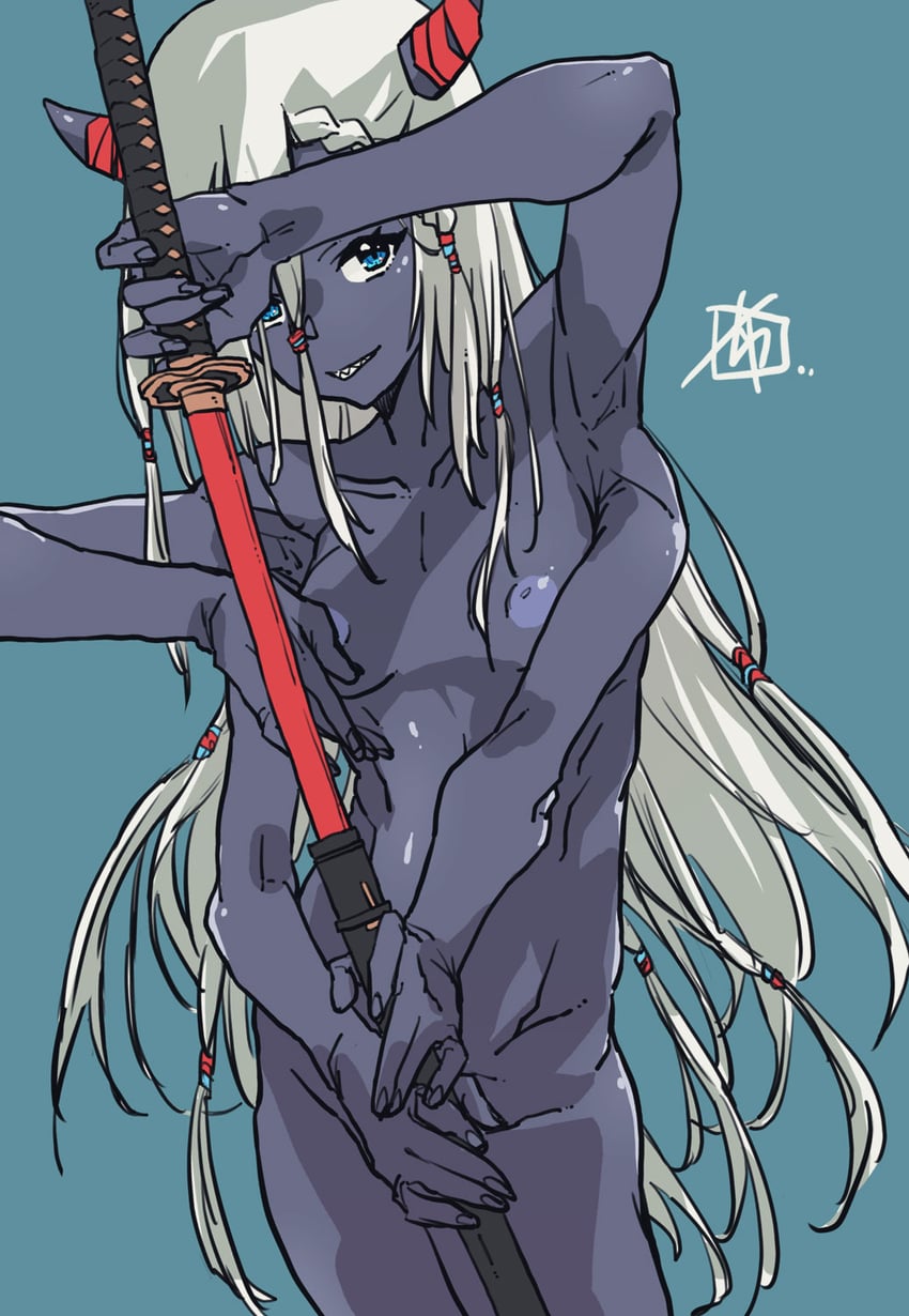原创 1名女孩 蓝色背景 蓝眼 蓝色皮肤 乳房