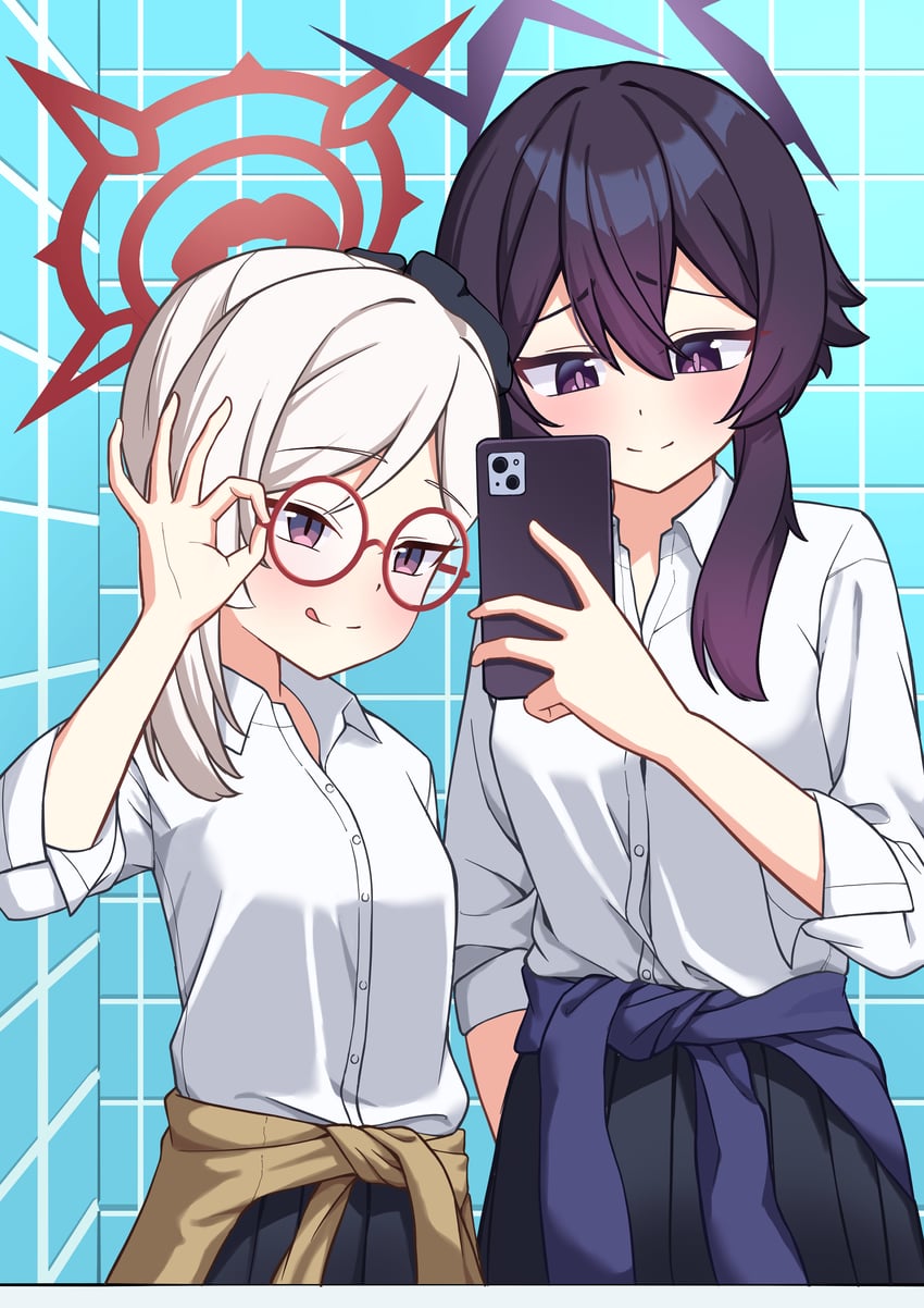 蔚蓝档案、遥 (蔚蓝档案)、睦月 (蔚蓝档案) 2名女孩 :q 调整眼镜 替换服装 黑色裙子